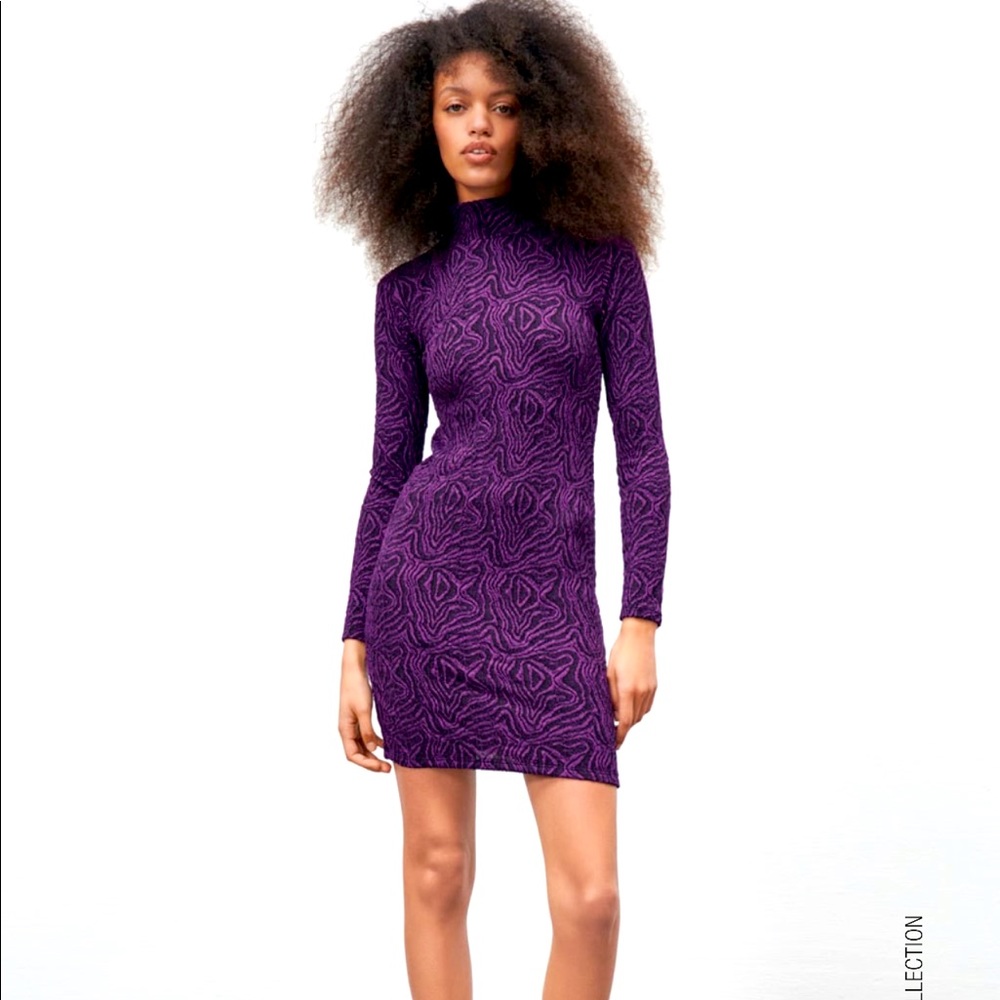 Zara Purple Jacquard Midi Dress. Size L